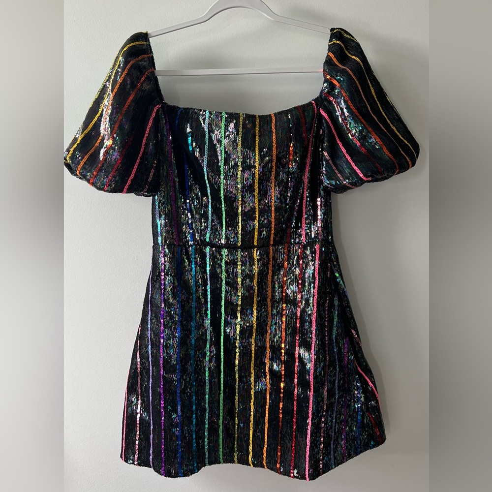 Queen of Sparkles Rainbow sequin stripe dress with black sleeves
